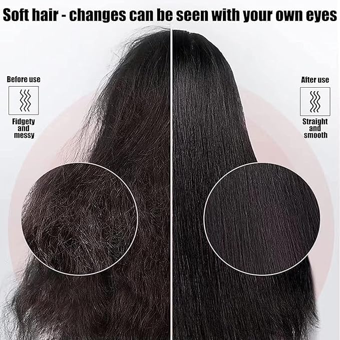 Frizzy hair before and smooth hair after using the styling brush